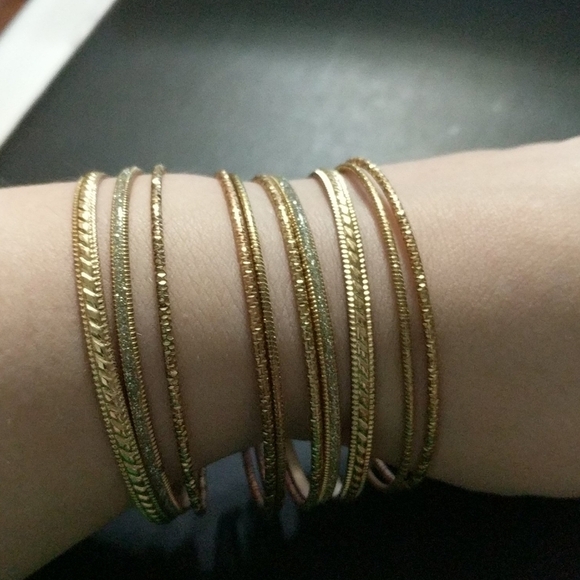 Gold Tone Brass Bangle Statement Bracelets - Set of 10 - Picture 2 of 3